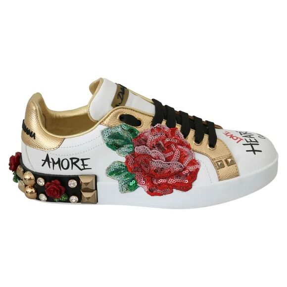 Dolce & Gabbana Sequin Rose Sneakers with Studs Women White